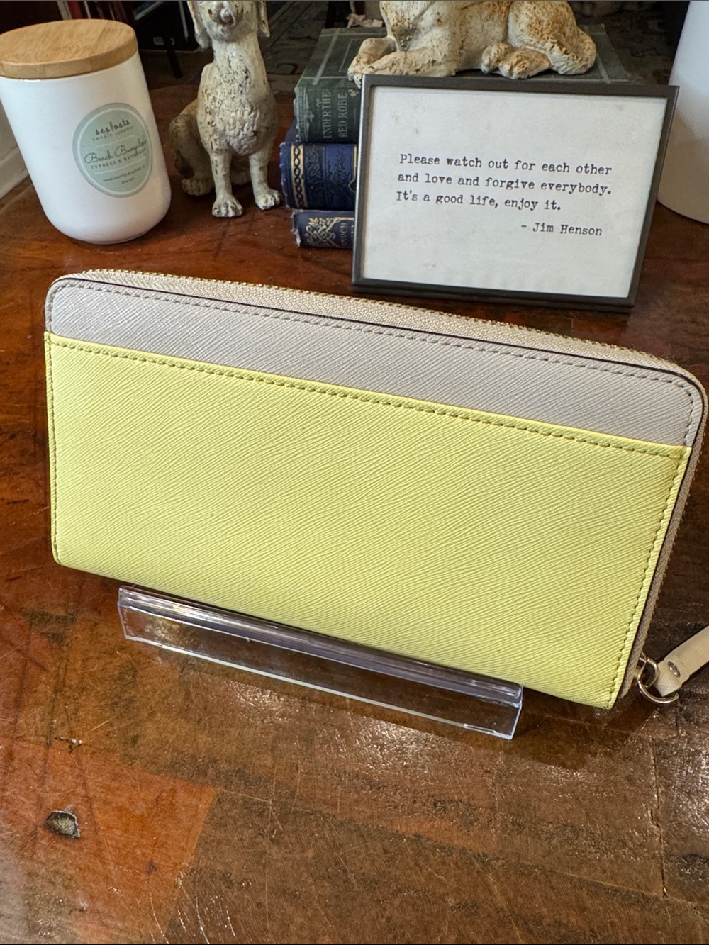 kate spade Neutral and Lemon Colorblock Zip Wallet with Gold Accent - Picture 3 of 13